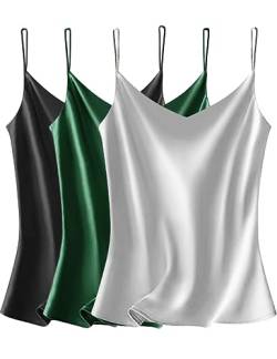 VIDUSSA 3er Pack Damen Satin Cami Tank Top Basic Shirt V-Ausschnitt Ämellose Blusen Seidentop Oberteile Schwarz+grau+dunkelgrün L von VIDUSSA