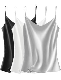 VIDUSSA 3er Pack Damen Satin Cami Tank Top Basic Shirt V-Ausschnitt Ämellose Blusen Seidentop Oberteile Schwarz+weiß+grau XXL von VIDUSSA