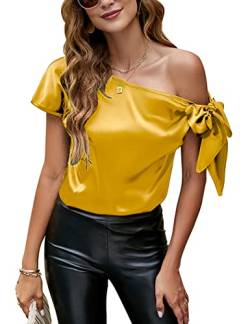 VIDUSSA Damen Bluse Elegant Sommer Schulterfrei Kurzarm Lässige Tops Seidig Satin Shirts Gelb 3XL von VIDUSSA