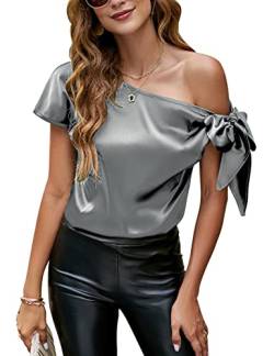 VIDUSSA Damen Bluse Elegant Sommer Schulterfrei Kurzarm Lässige Tops Seidig Satin Shirts Grau 3XL von VIDUSSA