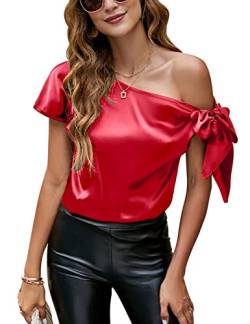 VIDUSSA Damen Bluse Elegant Sommer Schulterfrei Kurzarm Lässige Tops Seidig Satin Shirts Rot L von VIDUSSA