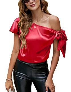 VIDUSSA Damen Bluse Elegant Sommer Schulterfrei Kurzarm Lässige Tops Seidig Satin Shirts Rot XS von VIDUSSA