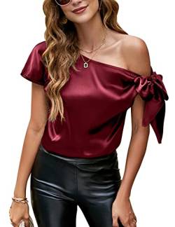 VIDUSSA Damen Bluse Elegant Sommer Schulterfrei Kurzarm Lässige Tops Seidig Satin Shirts Weinrot XL von VIDUSSA