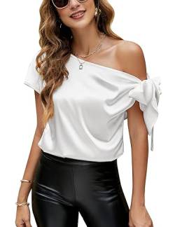 VIDUSSA Damen Bluse Elegant Sommer Schulterfrei Kurzarm Lässige Tops Seidig Satin Shirts Weiß XL von VIDUSSA