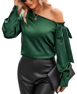 VIDUSSA Damen Bluse Elegant Sommer Schulterfrei Langarm Lässige Tops Seidig Satin Shirts Dunkelgrün XL von VIDUSSA