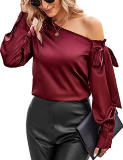 VIDUSSA Damen Bluse Elegant Sommer Schulterfrei Langarm Lässige Tops Seidig Satin Shirts Weinrot S von VIDUSSA