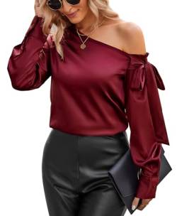 VIDUSSA Damen Bluse Elegant Sommer Schulterfrei Langarm Lässige Tops Seidig Satin Shirts Weinrot XXL von VIDUSSA