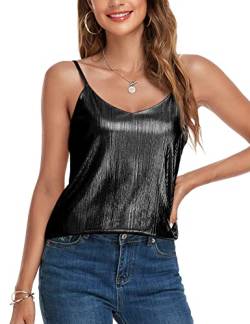 VIDUSSA Damen Funkelnde Tops Ärmellose Camisole Tank Tops Pailletten V-Ausschnitt Oberteile Shirt Blusen Schwarz XXL von VIDUSSA