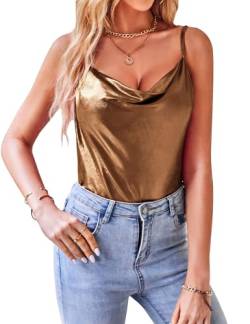 VIDUSSA Damen Funkelnde Tops Glitzer Oberteile Ärmellose Blusen Sommer Tank Shirt Spaghetti Camisole Tops Gold L von VIDUSSA