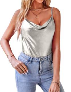 VIDUSSA Damen Funkelnde Tops Glitzer Oberteile Ärmellose Blusen Sommer Tank Shirt Spaghetti Camisole Tops Silber M von VIDUSSA