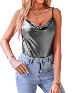 VIDUSSA Damen Funkelnde Tops Glitzer Oberteile Ärmellose Blusen Sommer Tank Shirt Spaghetti Camisole Tops Silbergrau L von VIDUSSA