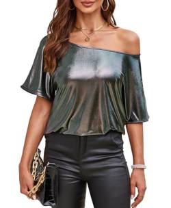 VIDUSSA Damen Glänzend Schulterfrei Shirt Metallic Lose Kurzarm Rundhals Club Bluse Tops, Silbergrau, M von VIDUSSA