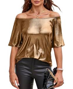 VIDUSSA Damen Kurzarm Glitzer Oberteile Funkelnd Tops Schulterfrei Shirt Tunika Lässig Party Club Blusen Gold XXL von VIDUSSA