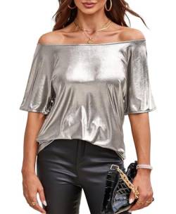 VIDUSSA Damen Kurzarm Glitzer Oberteile Funkelnd Tops Schulterfrei Shirt Tunika Lässig Party Club Blusen Silber XL von VIDUSSA