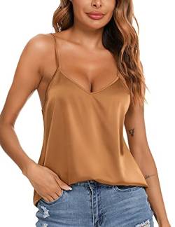 VIDUSSA Damen Satin Cami Tank Top Seidentop Shirt Ärmellose V-Ausschnitt Blusen Spaghetti Oberteile Khaki XXL von VIDUSSA