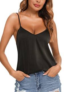 VIDUSSA Damen Satin Cami Tank Top Seidentop Shirt Ärmellose V-Ausschnitt Blusen Spaghetti Oberteile Schwarz L von VIDUSSA