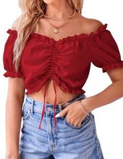 VIDUSSA Damen Sexy Schulterfrei Crop Top Puff Kurzarm V-Ausschnitt Cropped Shirt Bluse Rot L von VIDUSSA