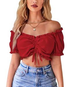 VIDUSSA Damen Sexy Schulterfrei Crop Top Puff Kurzarm V-Ausschnitt Cropped Shirt Bluse Rot S von VIDUSSA