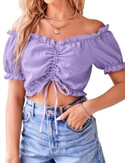 VIDUSSA Damen Sexy Schulterfrei Crop Top Puff Kurzarm V-Ausschnitt Cropped Shirt Bluse Violett M von VIDUSSA