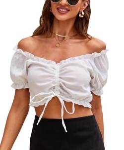 VIDUSSA Damen Sexy Schulterfrei Crop Top Puff Kurzarm V-Ausschnitt Cropped Shirt Bluse Weiß XXL von VIDUSSA