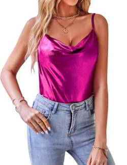 VIDUSSA Damen Shimmer Camisole Tops Wasserfallkragen ärmellos Funkeln Blusen Sommer Tank Shirt, Rosenrot, Klein von VIDUSSA