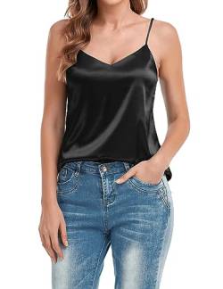 VIDUSSA Damen V-Ausschnitt Satin Cami Tank Top Seidentop Shirt Ärmellose Blusen Sommer Oberteile Schwarz S von VIDUSSA