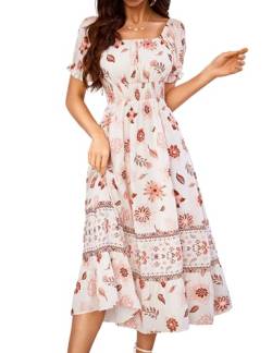 VIDUSSA Sommerkleider für Damen, gesmokt, quadratischer Ausschnitt, Blumenmuster, kurze Ärmel, Rüschensaum, lässig, Urlaub, Swing, Midi, langes Sommerkleid, Florale Aprikose, L von VIDUSSA