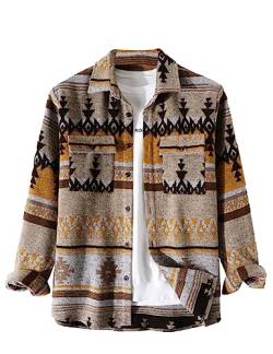 VIEWON Herren Casual Azteken-Print Button Down Wolle Langarm Leichte Revers Western-Shacket Jacke Mantel, khaki, Medium von VIEWON