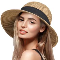 VIFUUR Damen Strohhüte Breiter Rand Sommervisier Strand Sonnenhut Verpackbare UPF UV Faltbare Reise Brown M von VIFUUR