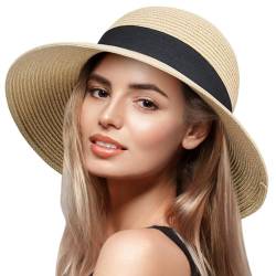 VIFUUR Damen Strohhüte Breiter Rand Sommervisier Strand Sonnenhut Verpackbare UPF UV Faltbare Reise Khaki L von VIFUUR