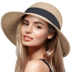 VIFUUR Damen Strohhüte Breiter Rand Sommervisier Strand Sonnenhut Verpackbare UPF UV Faltbare Reise Mix Beige/Black L von VIFUUR