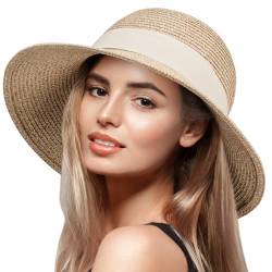 VIFUUR Damen Strohhüte Breiter Rand Sommervisier Strand Sonnenhut Verpackbare UPF UV Faltbare Reise Mix Beige/White M von VIFUUR