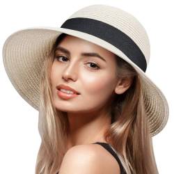 VIFUUR Damen Strohhüte Breiter Rand Sommervisier Strand Sonnenhut Verpackbare UPF UV Faltbare Reise Pure Beige L von VIFUUR