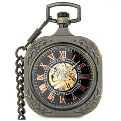 VIGOROSO Klassische Steampunk-Taschenuhr für Herren mit Kette, Skelett, Handaufzug, mechanische Taschenuhr für Damen und Herren, Quadratische Bronze von VIGOROSO