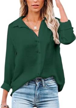 Damen Bluse Elegant V-Ausschnitt Hemd Langarm Arbeit Oberteile Casual Tunika Shirt Lose Langarmshirt Tops (Dunkelgrün,L) von VIGVAN