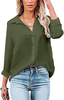 Damen Bluse Elegant V-Ausschnitt Hemd Langarm Arbeit Oberteile Casual Tunika Shirt Lose Langarmshirt Tops (Grün-1,M) von VIGVAN