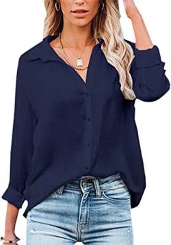 Damen Bluse Elegant V-Ausschnitt Hemd Langarm Arbeit Oberteile Casual Tunika Shirt Lose Langarmshirt Tops (Navy blau,XL) von VIGVAN