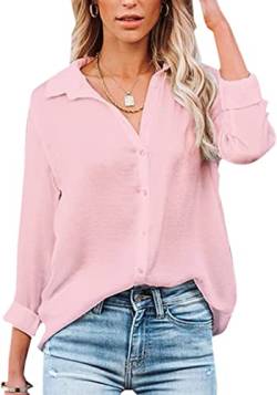 Damen Bluse Elegant V-Ausschnitt Hemd Langarm Arbeit Oberteile Casual Tunika Shirt Lose Langarmshirt Tops (Rosa,S) von VIGVAN