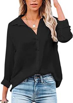 Damen Bluse Elegant V-Ausschnitt Hemd Langarm Arbeit Oberteile Casual Tunika Shirt Lose Langarmshirt Tops (Schwarz,M) von VIGVAN