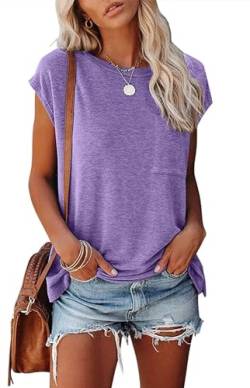 Damen T-Shirt Sommer Kurzarm Oberteile Elegant Tunika Tops Rundhals Einfarbig Casual Lose Basic Bluse (L, Violett) von VIGVAN