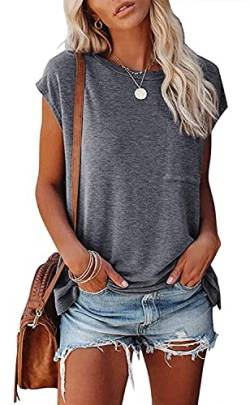 Damen T-Shirt Sommer Kurzarm Oberteile Elegant Tunika Tops Rundhals Einfarbig Casual Lose Basic Bluse (M, Dunkelgrau) von VIGVAN