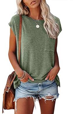 Damen T-Shirt Sommer Kurzarm Oberteile Elegant Tunika Tops Rundhals Einfarbig Casual Lose Basic Bluse (M, Grün) von VIGVAN