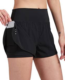 VIGVAN 2 in 1 Laufhose Damen Sport Shorts Sommer Kurze Hose Schnell Trocknend Fitness Shorts Yoga Shorts Gym Jogging Training Sporthose für Damen mit Taschen (BK, L) von VIGVAN