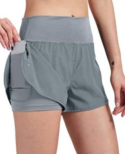 VIGVAN 2 in 1 Laufhose Damen Sport Shorts Sommer Kurze Hose Schnell Trocknend Fitness Shorts Yoga Shorts Gym Jogging Training Sporthose für Damen mit Taschen (GY, XL-1) von VIGVAN