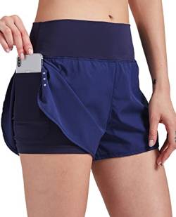 VIGVAN 2 in 1 Laufhose Damen Sport Shorts Sommer Kurze Hose Schnell Trocknend Fitness Shorts Yoga Shorts Gym Jogging Training Sporthose für Damen mit Taschen (NV, S) von VIGVAN