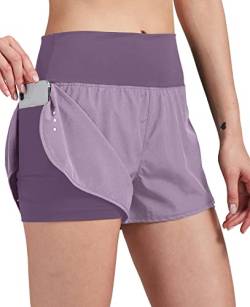 VIGVAN 2 in 1 Laufhose Damen Sport Shorts Sommer Kurze Hose Schnell Trocknend Fitness Shorts Yoga Shorts Gym Jogging Training Sporthose für Damen mit Taschen (PL, L-1) von VIGVAN