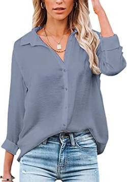 VIGVAN Damen Bluse Elegant V-Ausschnitt Hemd Langarm Arbeit Oberteile Casual Tunika Shirt Lose Langarmshirt Tops (Grau,M) von VIGVAN