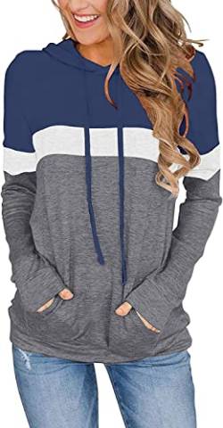 VIGVAN Damen Hoodie Farbblock Kapuzenpullover Casual Pullover Sweatshirt Gestreifte Langarmshirt Kordelzug Oberteile mit Taschen (L, Blau) von VIGVAN