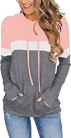 VIGVAN Damen Hoodie Farbblock Kapuzenpullover Casual Pullover Sweatshirt Gestreifte Langarmshirt Kordelzug Oberteile mit Taschen (L, Rosa) von VIGVAN