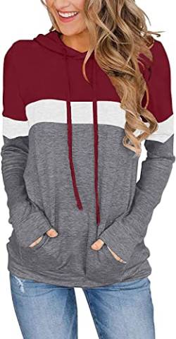 VIGVAN Damen Hoodie Farbblock Kapuzenpullover Casual Pullover Sweatshirt Gestreifte Langarmshirt Kordelzug Oberteile mit Taschen (L, Weinrot) von VIGVAN